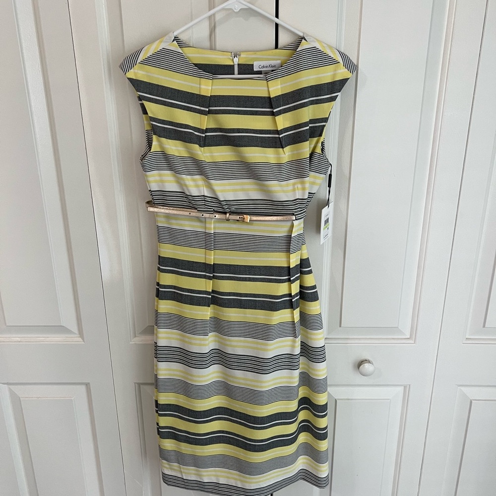 Calvin Klein yellow and grey stripped dress with attached gold belt
